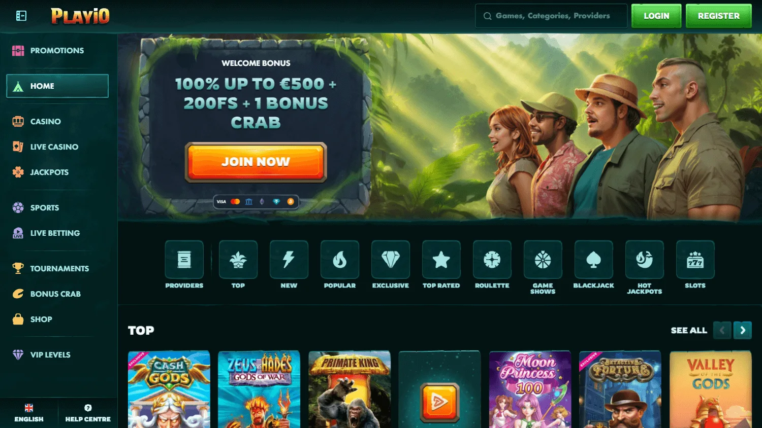 Playio Casino desktop home with the main casino offer