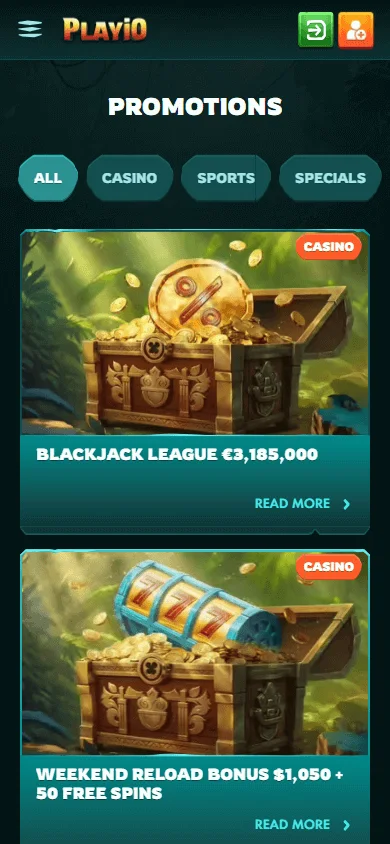 Playio Casino mobile browser promotions area